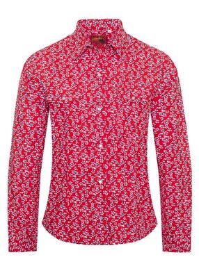 Red Floral Pearl Button-Down Shirt for Women